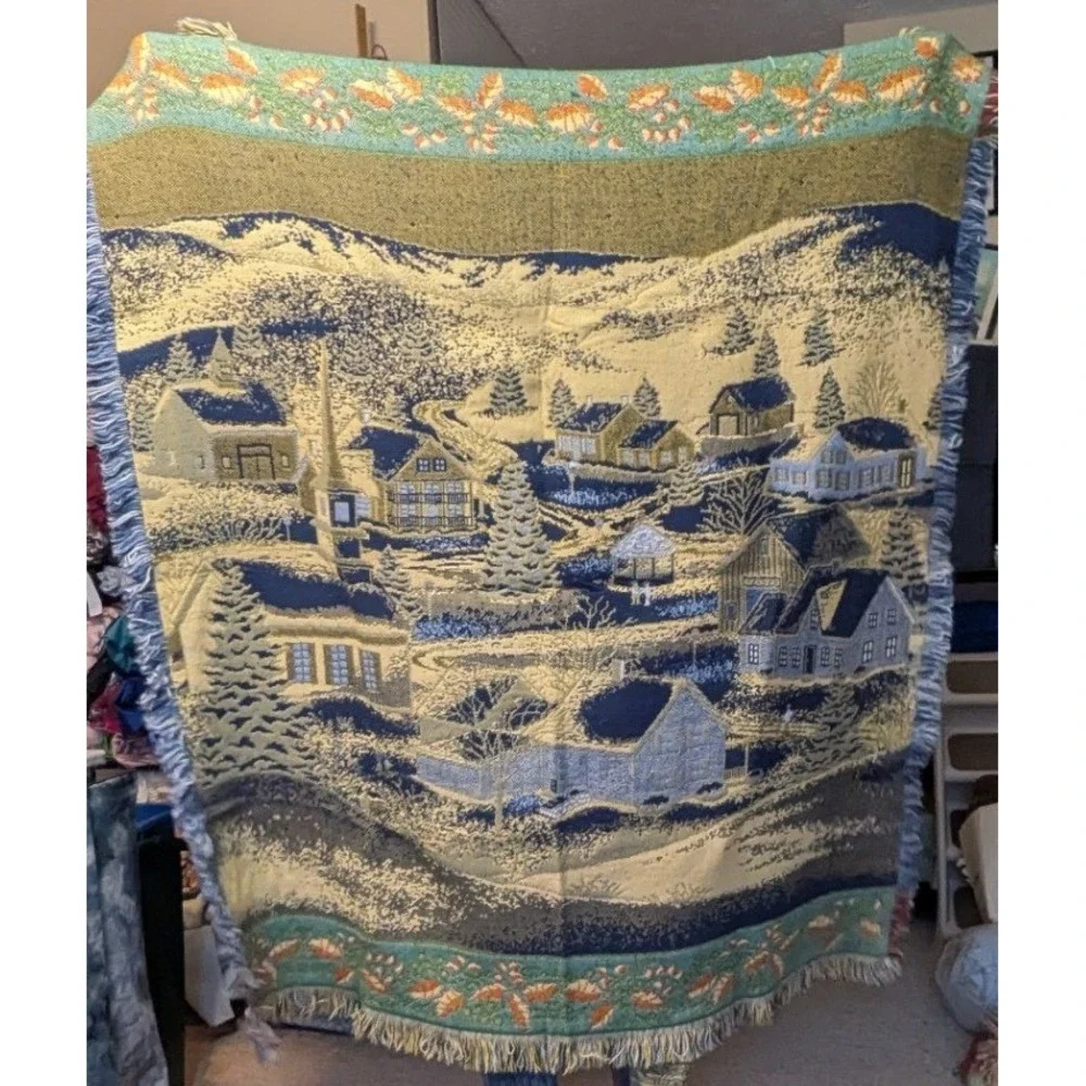 Vintage Winter Village Woven Tapestry Throw Blanket Holly Berry Fringe Christmas